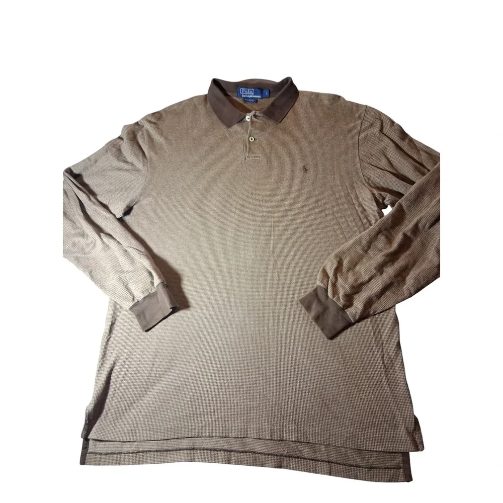 Polo Ralph Lauren Mens Large Brown Houndstooth Pima Cotton Long Sleeve Polo